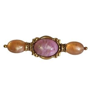 Vtg 1928 Co. Gold Tone Pink Orange Lucite Stone Victorian Revival  Pin Brooch